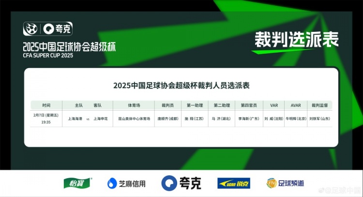  超級杯海港vs申花裁判員名單：主裁判唐順齊，VAR劉威