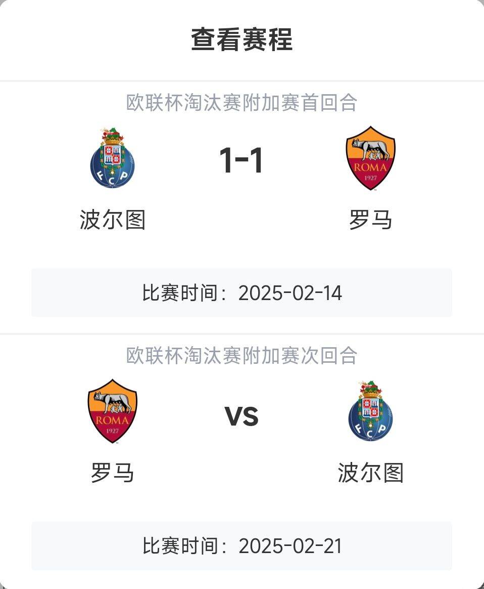 羅馬頂?shù)米幔恳饧讱W戰(zhàn)8隊3隊直通4隊出局，羅馬首回合1-1波爾圖