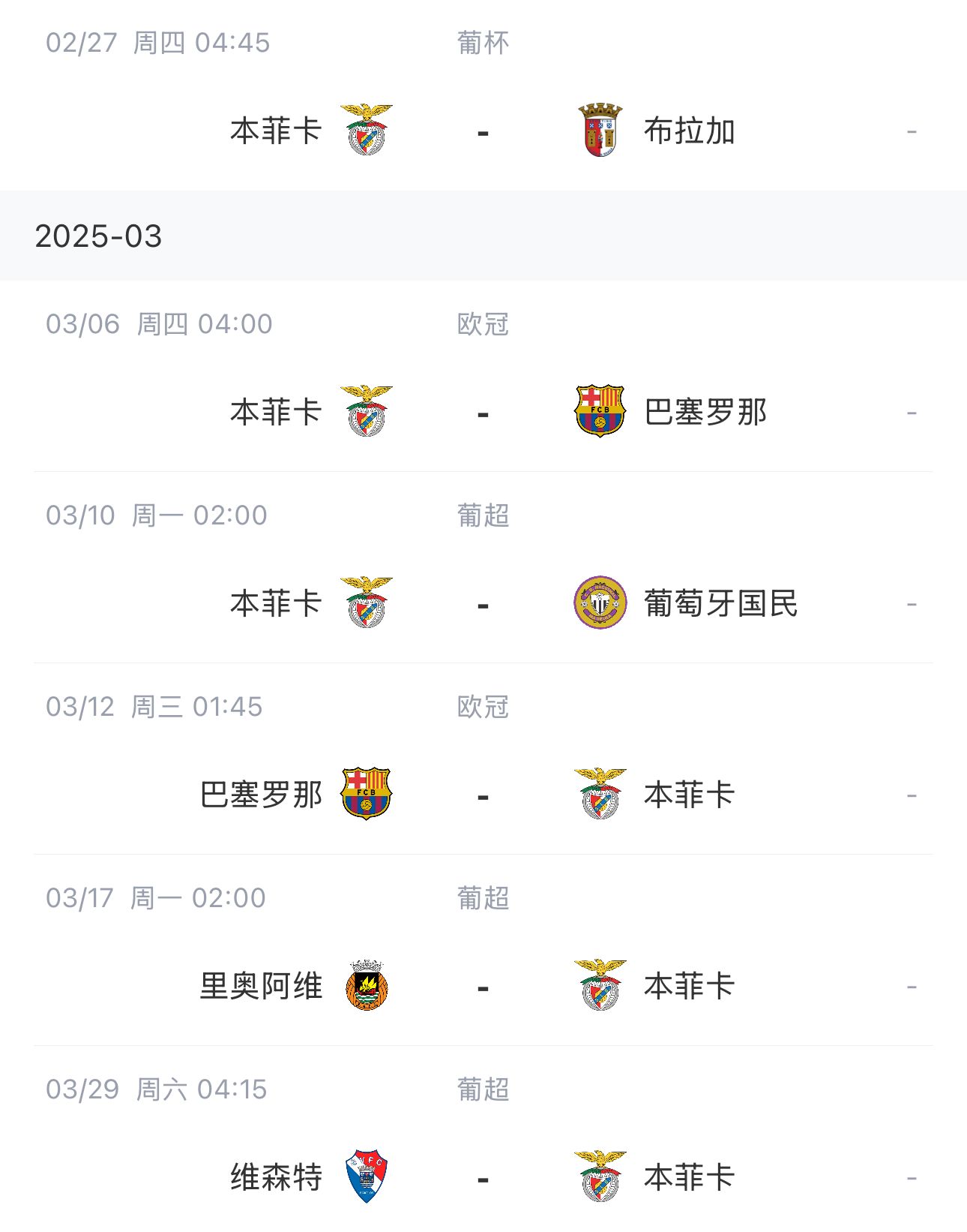  讓路歐冠！本菲卡戰(zhàn)巴薩首回合比賽前的葡超比賽推遲進(jìn)行