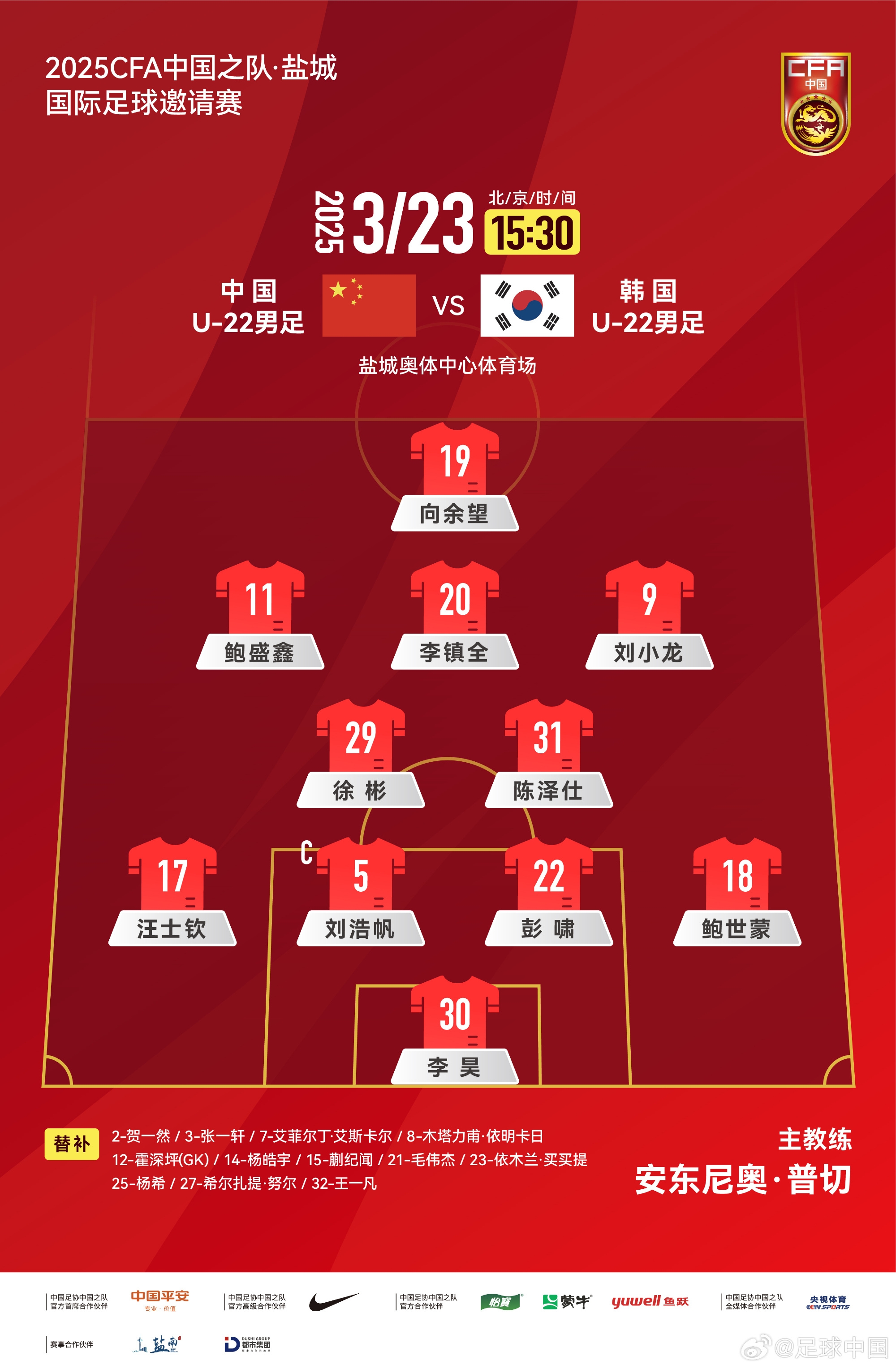  鹽城四國賽，中國U-22男足對陣韓國U-22男足，中國隊首發(fā)陣容